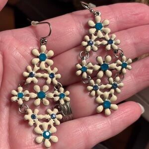 Silver Floral Drop Earrings with Blue Crystals